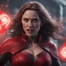 wanda maximoff com olhos vermelhos de magia, destruindo tudo, mulher ameaçadora, terror, 4k render, realista, cinematográfico