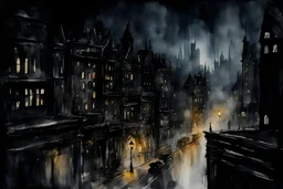 watercolor black night gotham city, mystical, transparent , without people