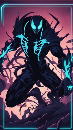 Mix between venom symbiote and Reaper in solo leveling shadow style with neon glowing blue