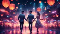 Hyper Realistic romantic handsome couple dance in Futuristic City with neon lights & Sky Lanterns at dark night