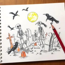 chaotic color pencil hand doodle sketch on a spiral binded notebook page, macabre cemetery scene with wacky skeletons and crows in the style of Edward Gorey and Os Gemeos