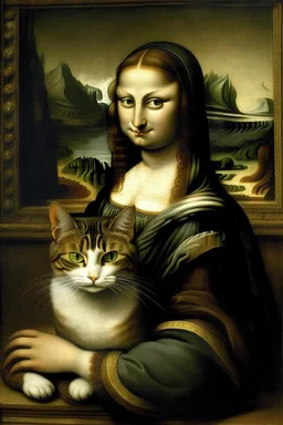 Painting of a cat carrying the Mona Lisa by Leonardo da Vinci