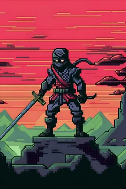Ninja with katana in pixel art on a wild planet