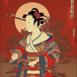 Ukiyo-e, samuri, red sun, intricate details, highly detailed