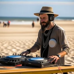 A short brown beard DJ with a hat on his head, sing at microphone, many electronic consoles around, empty dunes beach, FRONT VIEW