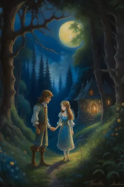 A prince and a village girl secretly meet by the moonlight in an oil painting forest