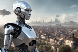 silver humanoid robot, with a human face, standing looking over a small alien town