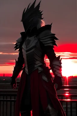 Vampire, knight plate armor, shining silver withblack trim, pointed helmet, crimson half-cape, standing on a rooftop facing towards a sunset in the background