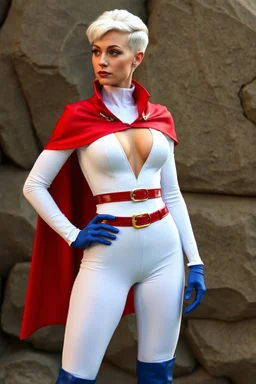 platinum blonde headed Karen Starr, crew cut style platinum bleach-blonde hair fade cut on the sides and back, wearing an extremely, extra short, skintight, formfitting long-sleeved, white bodysuit with a high collar and a plunging neckline, blue elbow-length gloves, a red belt with a gold buckle, a red collerless cape, knee-high blue boots