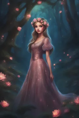 Painting of a beautiful girl, beautiful, haunted forest, flowers on her head, glitter dress, young girl, fantasy art, anime portrait, barbie face, big eyes, bright eyes, dream, trees, forest background, dark night, song, glitters background, fantasy, high quality, 8k