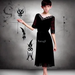 Realistic photo short hair boyish boylike (boyish face) beautiful cleavage lace neckline (short mens haircut) amulets of evil forces on neck (thin waist) (wide hips) lacy nightgown (girlish room of black magic) (symbols of black magic and evil force on the walls) (learns to be an evil sorceress)