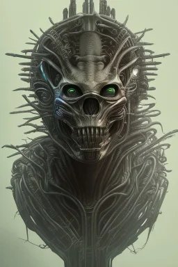 evil predator with crown, alien, brutal face, tron, head, burn eyes, 8k, finely detailed, dark light, photo realistic, hr giger, cyberpunk