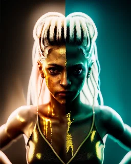 portrait, Shakira, blonde artist, angry, Realistic image, MMA robe, hoodie, mma gloves, fight pose, make-up make-up, gold line make-up, sweat, fog, goddess style, Neon colors, leds. Black background, photo studio, concept art, smooth, unreal engine 5, god lights, ray tracing, RTX, lumen lighting, ultra detail, volumetric lighting, 3d, finely drawn, high definition, 4k.