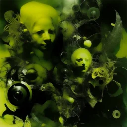 Degenerate Nightmare frequencies, the undead dream screamers, Lovecraftian repeating histories, abstract surreal horror, by Joel-Peter Witkin, dark_green hues and yellow tints, uncentered, tilted, dynamic diagonal composition, eerie, sinister, dark colors, expansive, grand, creepily magnificent, octane render, by Tracey Adams