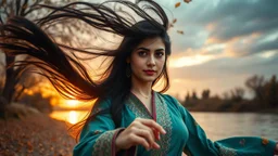 Hyper Realistic Photographic Close Shot View of a Beautiful Young Pashto Woman in with beautiful eyes, long black hair whirling in air, wearing a (sea-green Colored) cultural Pashto Attire dancing on the Riverside at autumn weather with dry orange leaves falling from trees & breathtaking beautiful cloudy sunset showing dramatic & cinematic Ambiance.