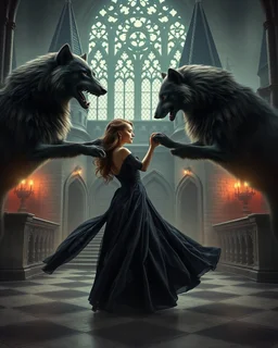 Romantic Photography Realistic Beautiful gothic woman in falling in love with grey werewolves romance dancing in luxury Royal Castle