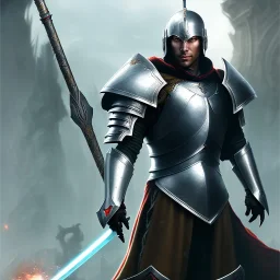 a gorgeous man in armor, without beard, Has grey eyes, black hair.