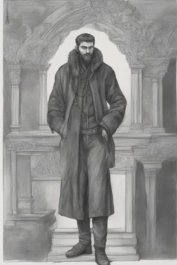 man, age 20, medieval, fighter, russian, croocked nose, czar, rich, simple clothes, short messy hair, thick beard, oligarch, leather coat with fur, brocade clothes, pencil drawing, black or red hair