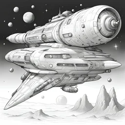 Coloring page, general picture, mild details, white background, space ship