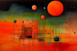 A salmon orange color space station in a galaxy filled with planets painted by Paul Klee