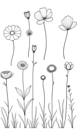 set of growing wind flower on the grace, SIMPLE ONE lineS art, white background, minimalis, different view, only white bakcground solid.