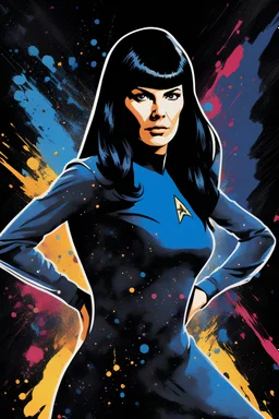 Pitch black background - multicolor splatter painting - 30-year-old Wendy Wendison, who resembles Spock, with long, straight black hair, deep cobalt blue eyes, wearing a long-sleeved, blue, slit, mini dress with a plunging neckline and a star trek upside down V-shaped communicator badge on the left side of the chest - Oil Paint on Canvas, in the art style of Boris Vallejo, Frank Frazetta, Julie bell, Caravaggio, Rembrandt, Michelangelo, Picasso, Gilbert Stuart, Gerald Brom,