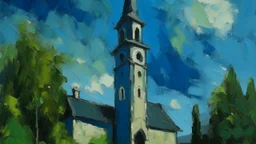 Impressionist painting of a church with a tall bell tower under a dark, textured blue sky.