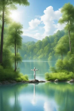 Jesus on his cross in a A peaceful landscape with a calm river or lake reflecting the blue sky and scattered white clouds, surrounded by lush green forest on both sides. The scene is natural, untouched, and serene. Daytime setting with soft, natural lighting and clear weather