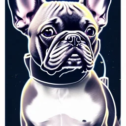 french bulldog from the future a detailed illustration of a french bulldog, phoenix bird wallpaper, luminescent body, full body, symmetrical body, realistic, glowing muscles, sharp focus, meticulously detailed, soft evening sky, 64k