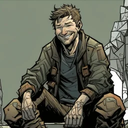 man, ethan hawk, sitting, smiling, comic book, post-apocalypse, grey background, illustration,