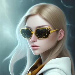 Girl with long wavy brown blond hair and yellow hawk eyes. Wears Hogwarts Hufflepuff uniform and sunglasses with a yellow clip.