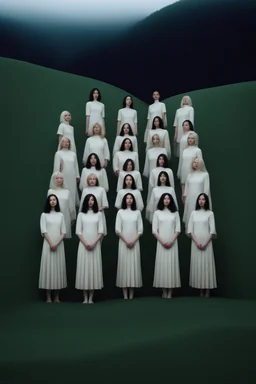a group of women standing on top of a lush green hillside, inspired by Ren Hang, design milk, long black hair, whites, wanderers traveling from afar, trending on artisation, cloning spell, coat pleats, in twin peaks, submarine, by Helen Thomas Dranga, symetry, round-cropped, noire photo