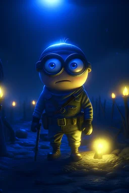 a minion at the frontlines in the army at night with his platoon fighting, slava ukraine, key lighting, soft lights, foggy, by steve haris, by lisa yuskavage, by serov valentin, by tarkosvky, 8 k render, detailed, cute cartoon style, very cute adorable face