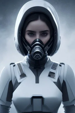 Ana de Armas, identical features, Black intergalactic pilot suit, portrait, bright white eyes, wearing high tech pilot breathing mask, beautiful face, white smoke, dark, rage, sorrow, high definition, ultra 8 k, volumetric lighting, blue fire, fog