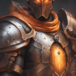 A warforged cleric, with orange eyes, wearing bronze knight armor, medieval style, dungeons and dragons
