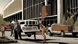 mobster styled deer family take charge at the moving truck company corporate complex using Human like Mafia tactics brute force