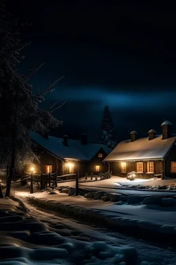 Une scène nocturne d'hiver d'un village enneigé