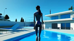 A digital render shows a woman standing on a diving board next to a pool, with a modern house in the background. The woman, who is Black, is around 25 years old, has tan skin, and is wearing a black swimsuit and a white swim cap. She is standing on a blue diving board that extends over the pool. The pool has clear blue water and is surrounded by gray tiles. The house in the background is a modern design with white and blue walls. It has a large window and a flat roof. There are trees and grass i
