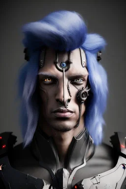 male dark elf, dark skin, with long white hair, haunting blue eyes, and wearing a steampunk exoskeleton powered by gears for a quadriplegic, in high fantasy style