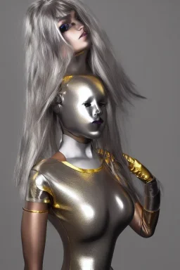 Beautiful perfect perfectly centered photorealistic silver-skinned AbstractTech robot, silver and gold French maid outfit long hair, shiny metallic silver hair, full-body portrait by Reisha Perlmutter, Rudy Nappi, medium shot