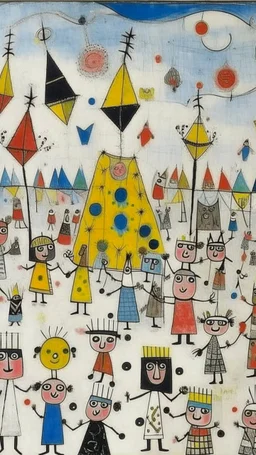 A white sky themed carnival with bees painted by Paul Klee