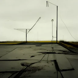 Minimal abstract oil paintings desolate 1960s carpark concrete fragments. Yellow road markings. style of Justin Mortimer and Francis Bacon.