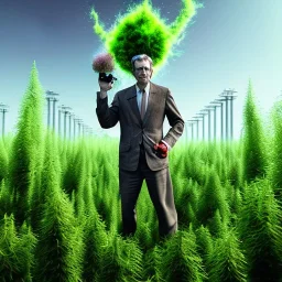 upper body of mad wolf scientist standing by cell towers overgrown with plants, spray paint art, movie poster