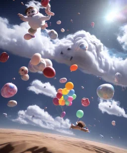 Ultra realistic speed clouds sky scene, wide angle view, child falling down with many Children background, inflatable monsters, circus dress style, feather color, free jumping flying, many trinkets, hair monster, many jelly beans, balls, color smoke, smile, happy, extreme, wind, clouds sea, 20,000 feet altitude, stratosphere, soft color, highly detailed, unreal engine 5, ray tracing, RTX, lumen lighting, ultra detail, volumetric lighting, 3d, finely drawn, high definition.