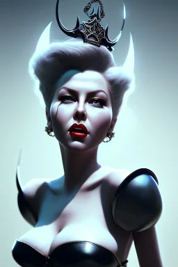 Lana Turner as evil queen in black leather, leather, busty, cleavage, angry, stern look. character design by cory loftis, fenghua zhong, ryohei hase, ismail inceoglu and ruan jia. unreal engine 5, artistic lighting, highly detailed, photorealistic, fantasy