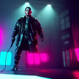 Actor, tom hardy, replicant man, blade runner style, rain, fog, neon ambient, gradient color, clean skin, circuits, latex coat, cyber punk, neon, tubes, portrait, studio photo, unreal engine 5, smooth color, 16 bit, god lights, ray tracing, RTX, lumen lighting, ultra deatail, volumetric lighting, 3d, finely drawn, hd.