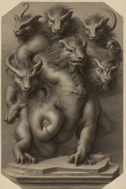 A three-headed dragon. The head on the left is the head of a lion, the head in the middle is the head of a man, and the head on the right is the head of a bull