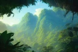 a highly detailed matte painting of a beautiful tropical jungle with a hidden city by mokoto shinkai, by greg rutkowski, by artgerm, by beeple, golden hour, cinematic lighting, octane render, 4k resolution, trending on artstation