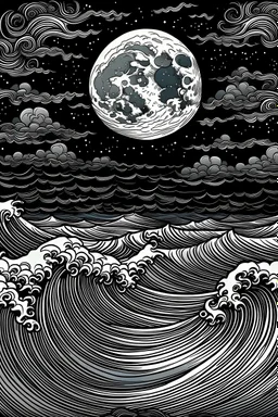 a coloring page, Moonlit Ocean with no shades, texture,black background and white outline for the image and do not put any colour