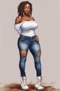 Create a watercolor image of a curvy black female wearing tight cut up jeans and a off the shoulder white tshirt with timberland boots. Prominent make up with hazel eyes. Highly detail dread locs